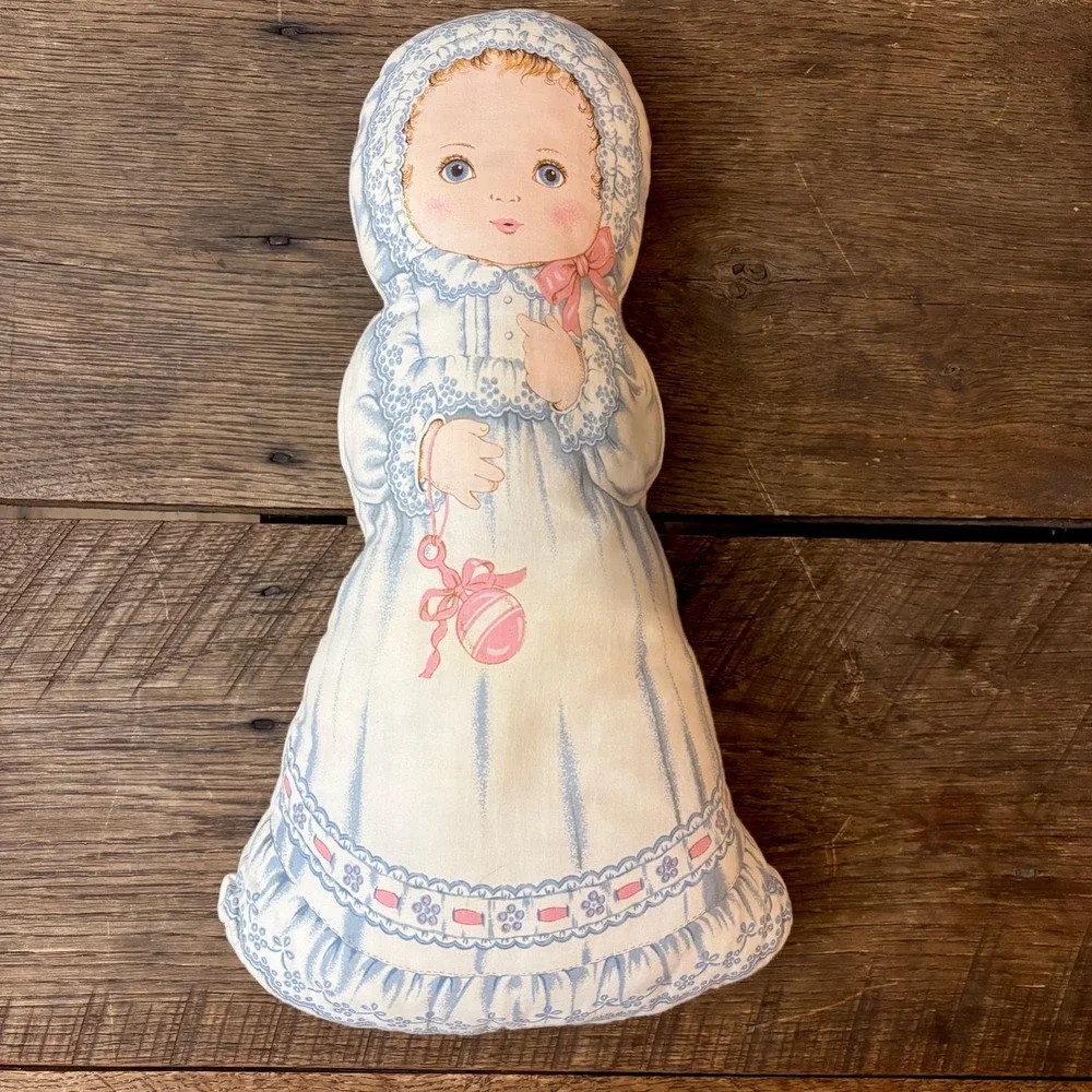 Vintage Doll Hand Sewn Foam Filled‎ 16 in Dress & Bonnet Rattle Blue Pink